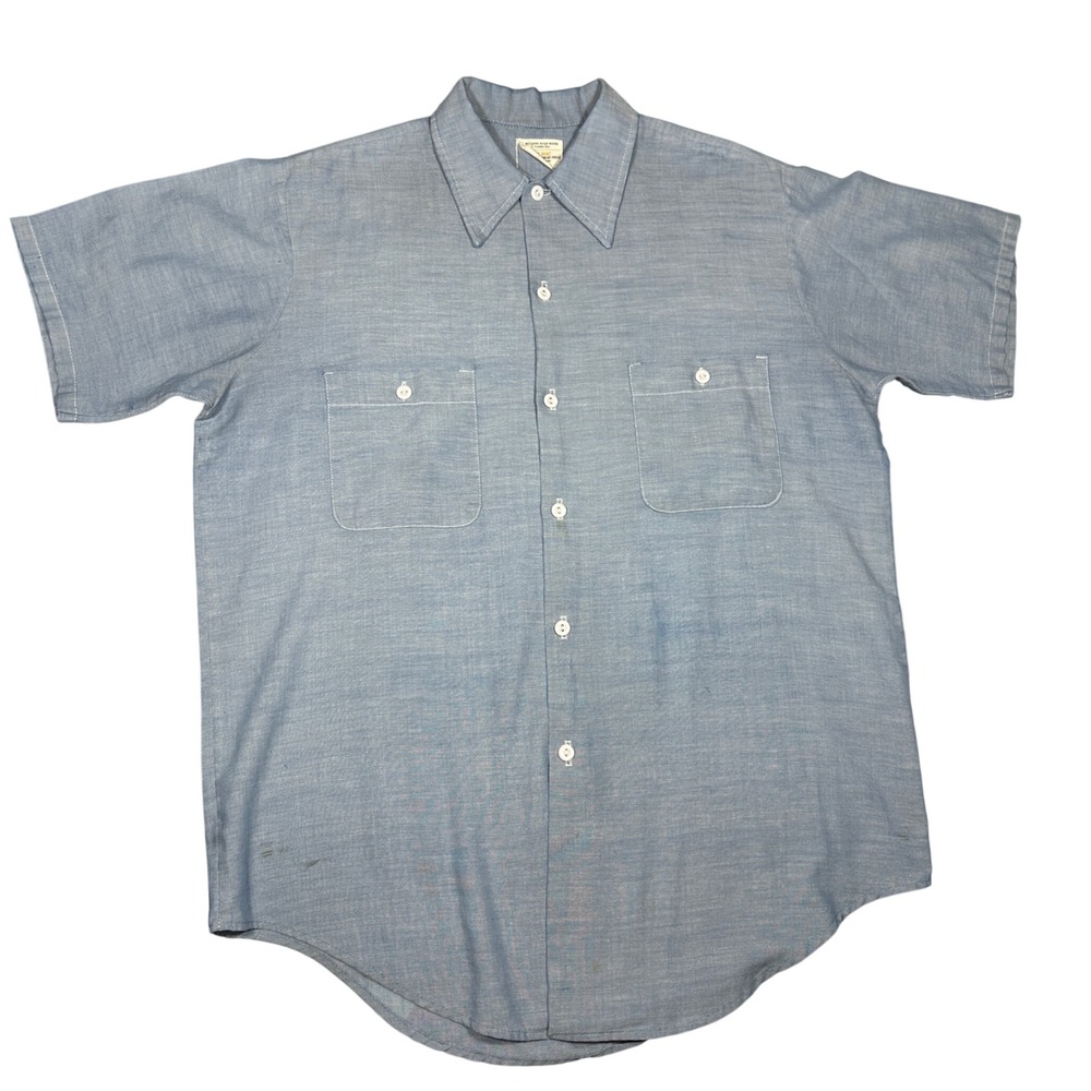 Vintage 70s Big Mac JCPenney Mens Blue Short Sleeve Chambray Work‎ Shirt Large